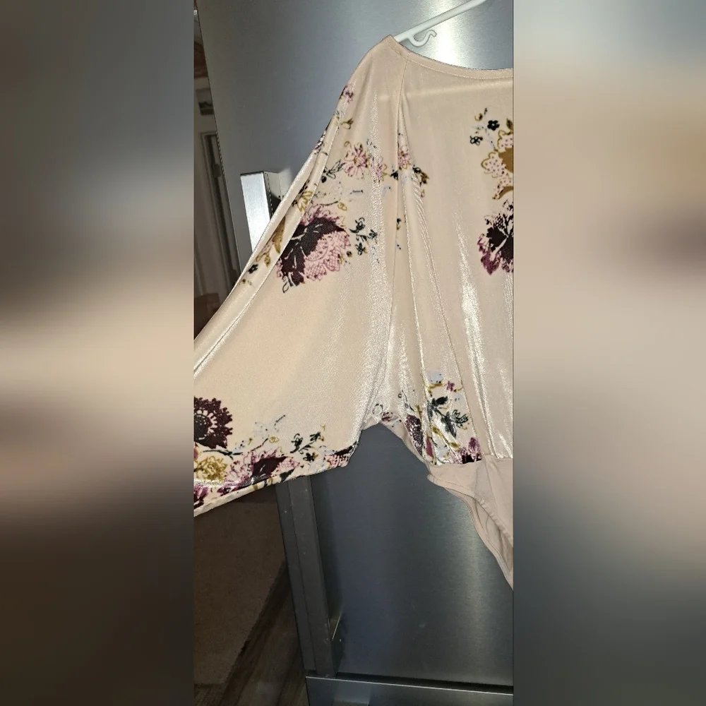 Free People Intimately Floral Velvet Bodysuit  Champayne Beige Dolman Sleeves XS